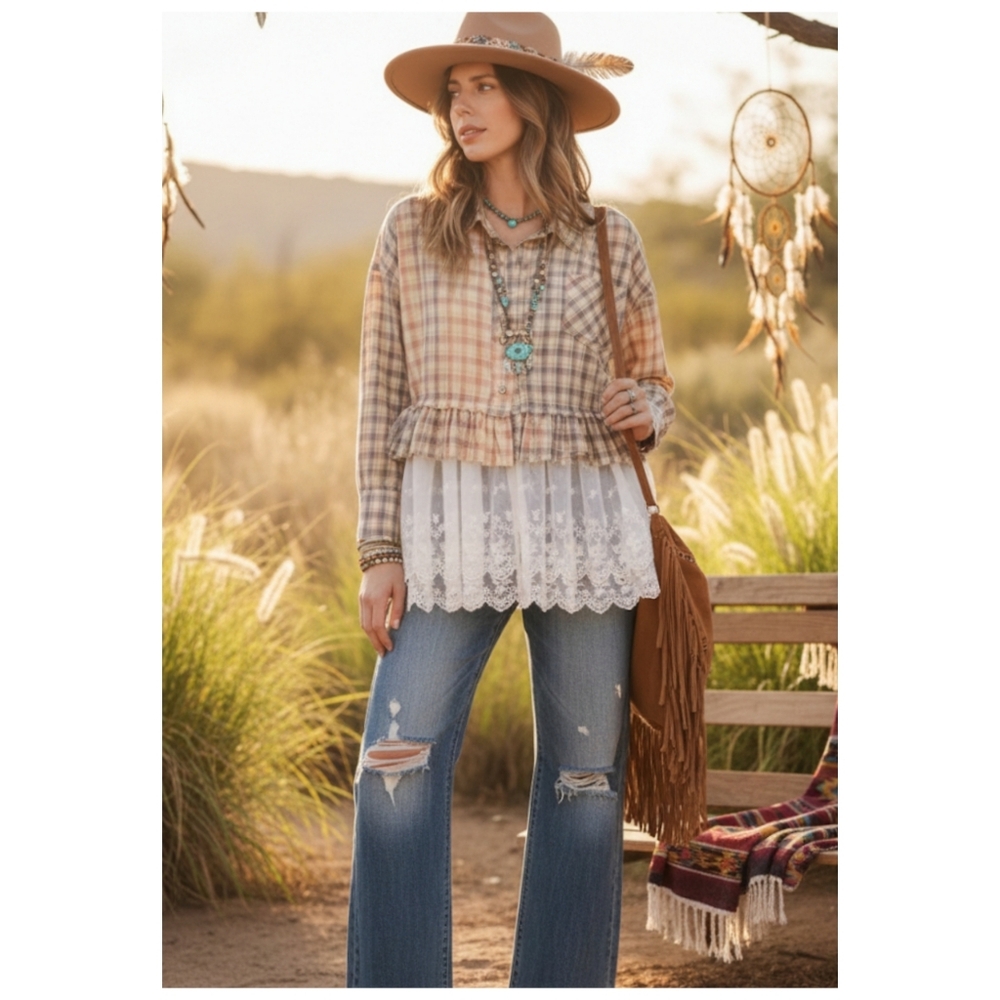 Blue Velvet Plaid Tye Dye with Lace Trim Button Up